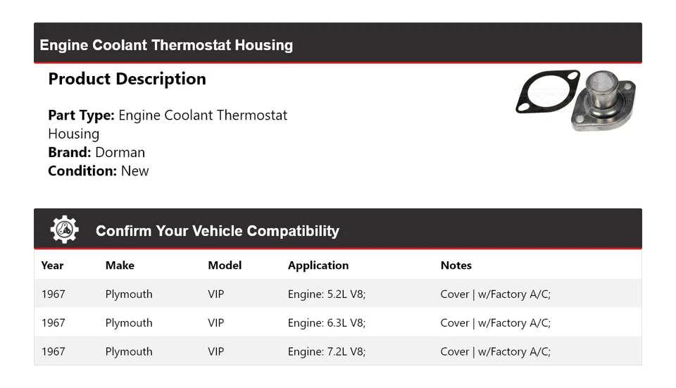 For 1967 Plymouth VIP Dorman Engine Coolant Thermostat Housing - Image 2 of 4