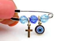 9ct Yellow Gold + Sterling Silver Baby Mati + Cross Brooch * Free Express post