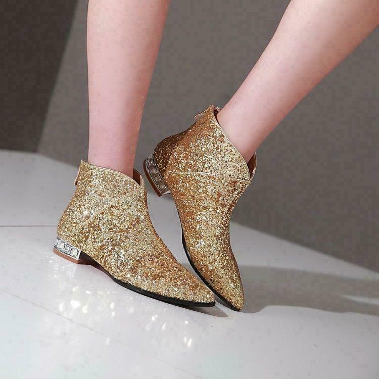 Women's Casual Glitter Sequins Pointy Toe Back Zip Low Heel Ankle