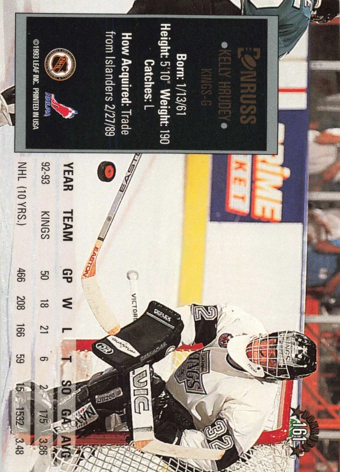 Kelly Hrudey 1993-94 Donruss #161 Los Angeles Kings Hockey - Image 2 of 2