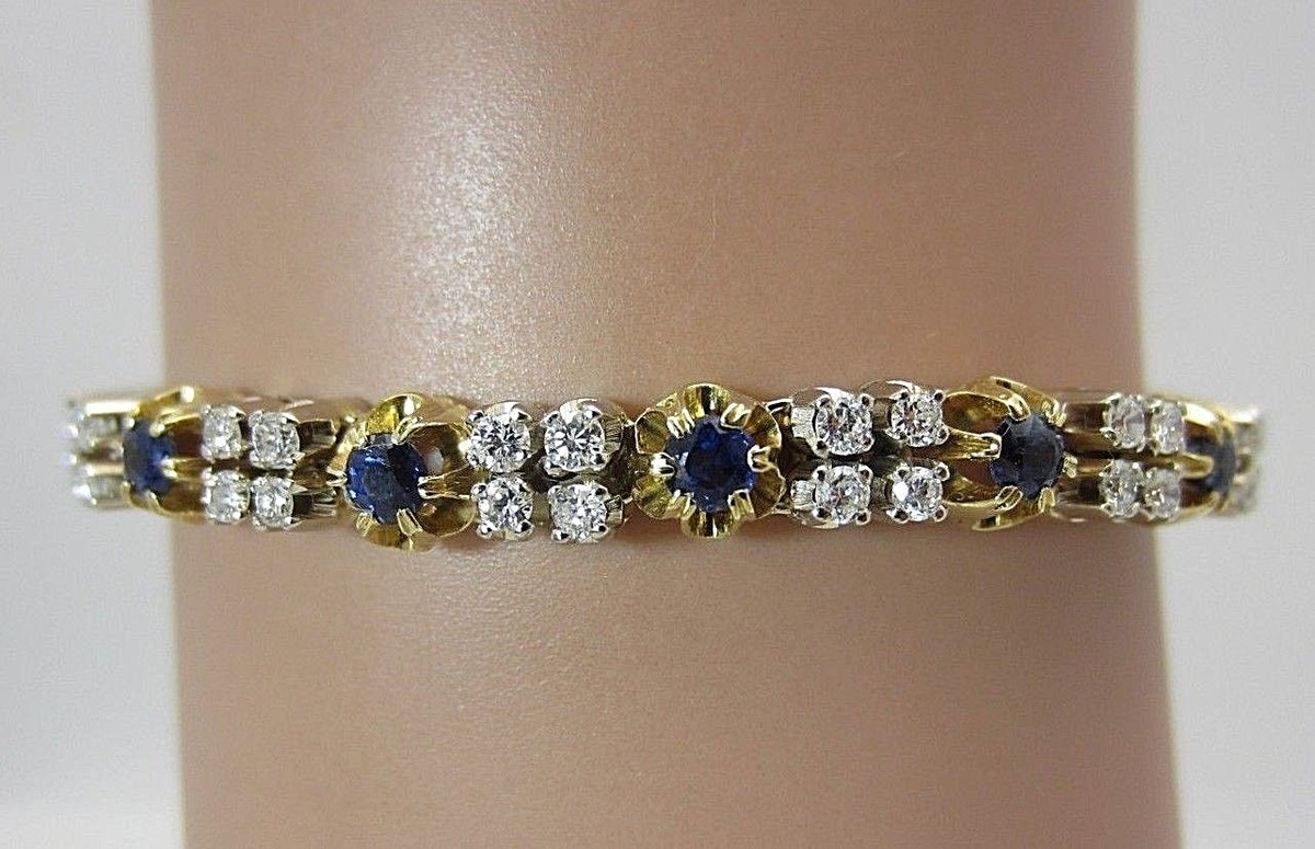 Vintage 18K Yellow Gold Blue Sapphire and Diamond Bracelet CT