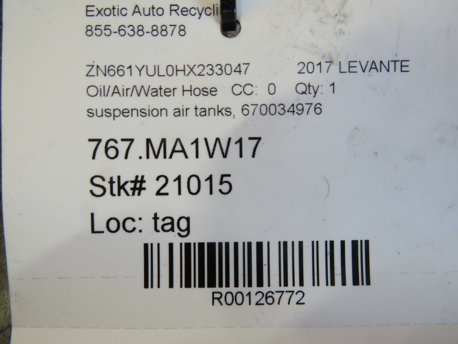 Maserati Levante, Suspension Air Tanks Hose, Used, P/N 670034976