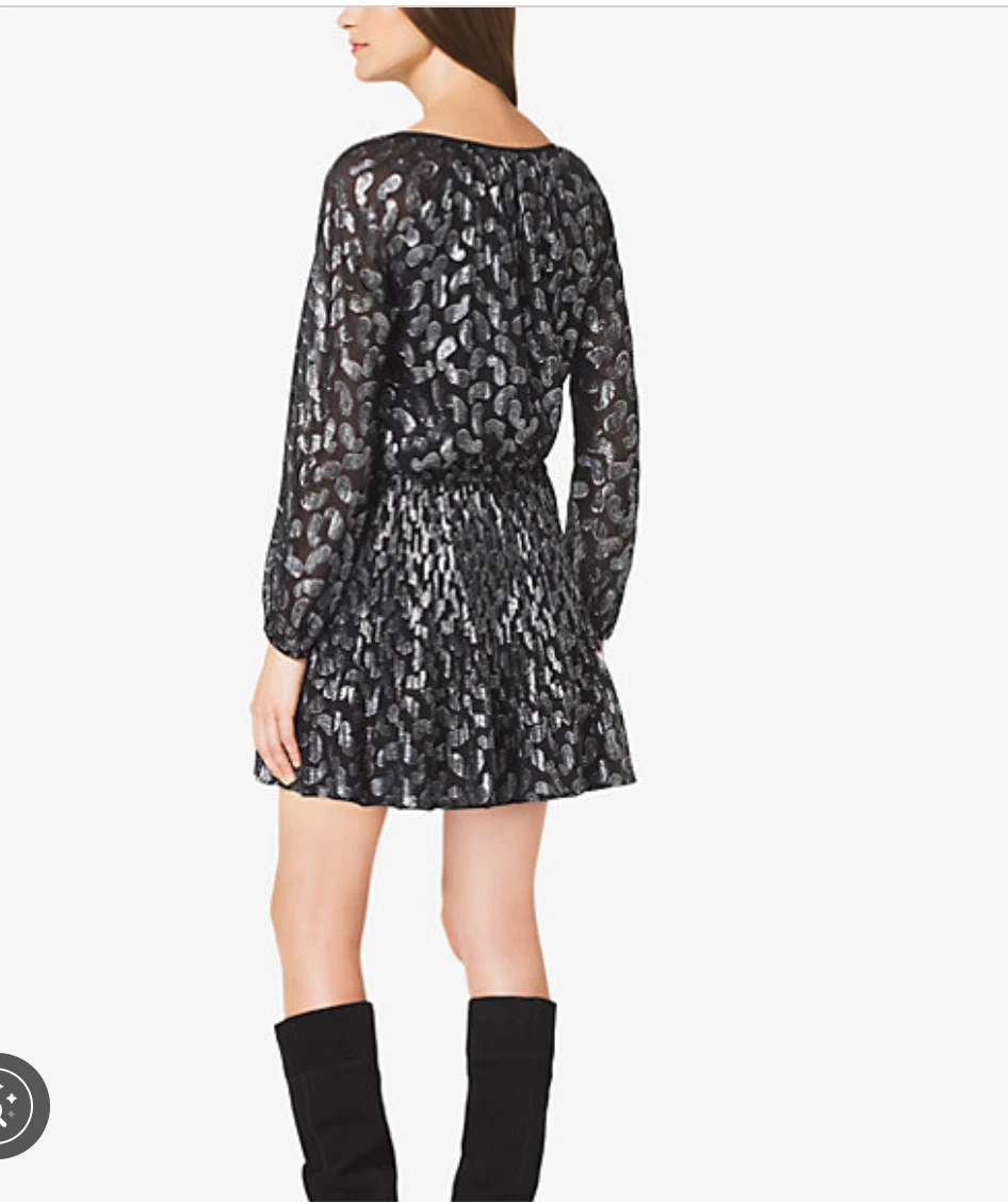 ABITO DA FESTA COCKTAIL MICHAEL KORS NERO ARGENTO METALLIZZATO DESIGN PAISLEY XXS