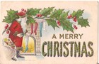 ANTIQUE EMBOSSED CHRISTMAS Postcard, SANTA FILLING STOCKINGS, HOLLY. — photo 1