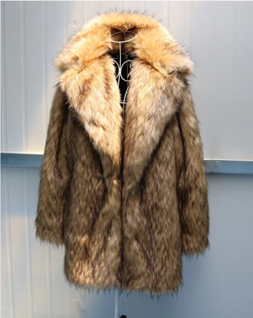 Men's Faux Fur Coat Imitation Hair Long Coats Warm Suit Collar Artificial Cloth - Image 4 of 4