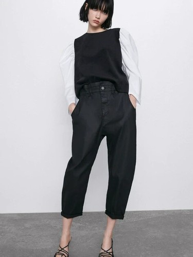 Zara Sz 2 Black Baggy Paper Bag Pants Jeans Coated Cotton Blend Roll Up |  eBay