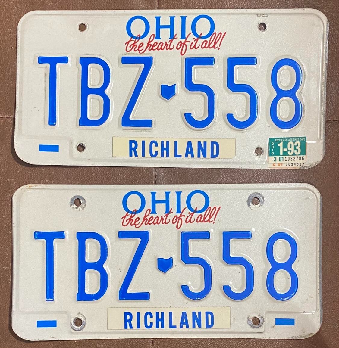 Ohio 1993 RICHLAND COUNTY License Plate PAIR # TBZ-558 | eBay