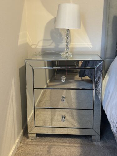 Chevron 3 Drawer Silver Mirrored Nightstand