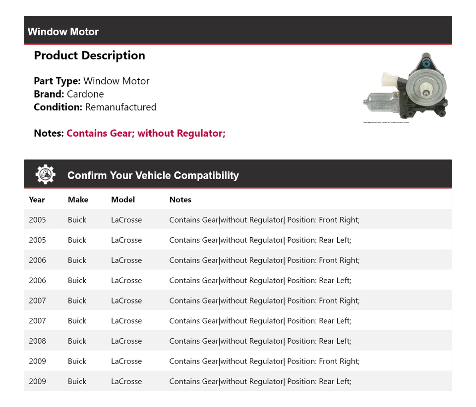 Para Buick LaCrosse 2005-2009 Ventana Motor Cardone 2006 2007 2008 Foto 2 de 4