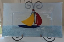 Peggy Karr? Fused Glass Rectangle Sailboat Tray Platter 9.5x16.5