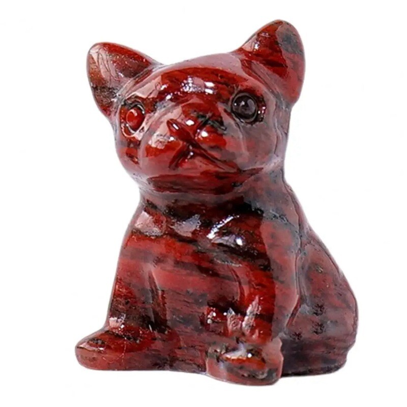 Natural Red Sesame Stone Quartz Crystal Pet Puppy French Bulldog Carved Figurine