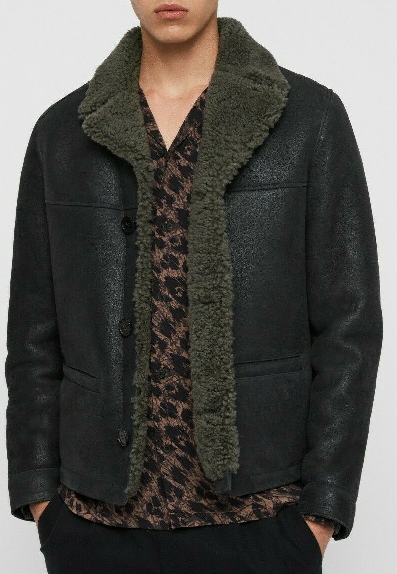 ALLSAINTS MENS Black Slate Grey Garrick Shearling JACKET SIZE S SMALL 36 UK NEW