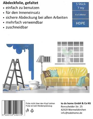 5 Stück Abdeckfolie  je 4x5m Malerfolie Schutzfolie Abdeckplane HDPE 7my stabil