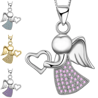 Schutzengel mit Herz Zirkonia Anhänger Halskette Silber 925er für Mädchen Kinder - Bild 1 von 4