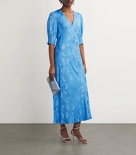 RIXO London designer Zadie blue daisy jacquard midi dress BNWT L/14UK