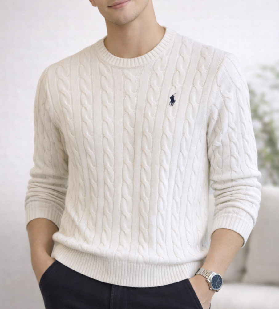 Polo Ralph Lauren Men's Cotton Crew Neck Cable Knit Sweater Off