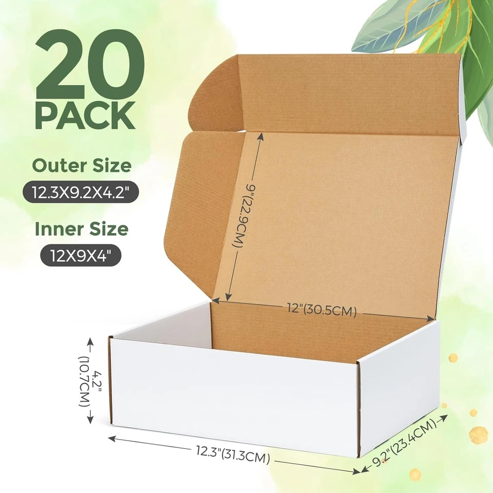 White Shipping Boxes Cardboard Paper Boxes Mailing Packing 12x9x4 Inch 20 Pack - Image 2 of 4