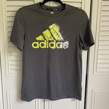 Adidas Boys Climalite T-Shirt Size L 14/16 Gray Neon Yellow Logo Athletic Tee
