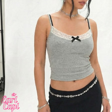 Grey Lace Trim Ribbed Cami Top