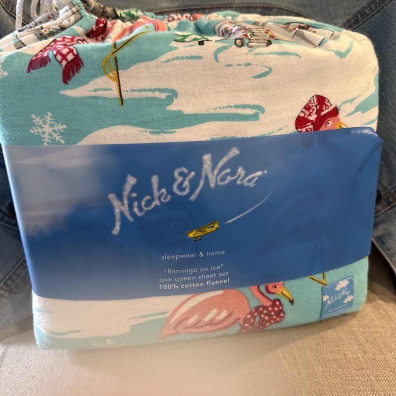 Nick & Nora Flamingoes On Ice Flannel  Sheets Set NEW In Drawstring Bag W/Label