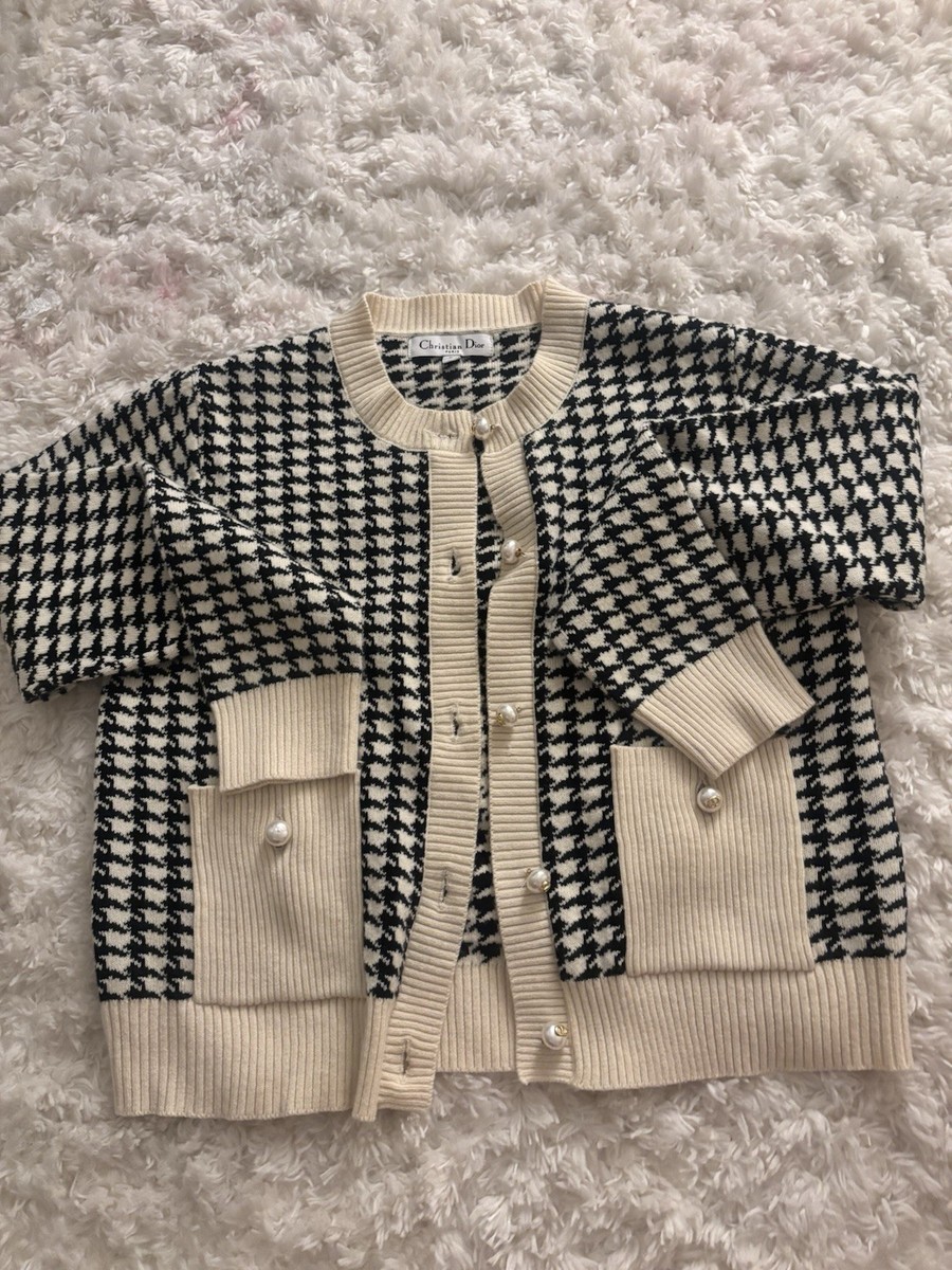 Christian Dior Houndstooth Cardigan Sweater Black Ivory Acrylic L