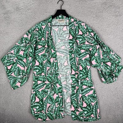 Kenny Flowers Beverly Hills Kimono Swim Coverup Size Small Leaf Print Green Pink