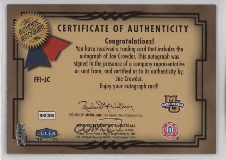 2012-13 Fleer Retro 1999-00 Focus Fresh Ink Jae Crowder #FFI-JC Rookie Auto RC - Image 2 of 2