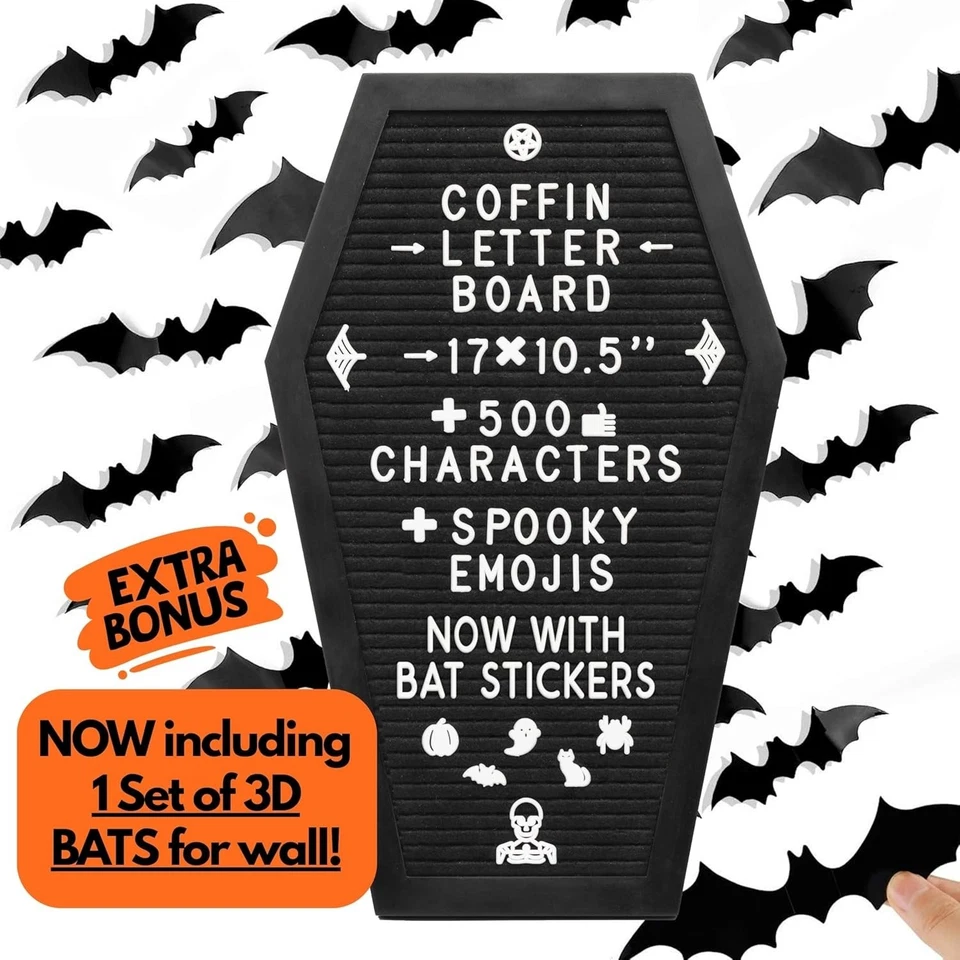 Coffin Letter Board Black + 3D Bat Stickers + 650 Characters, Spooky Emojis, Woo - Image 4 of 4