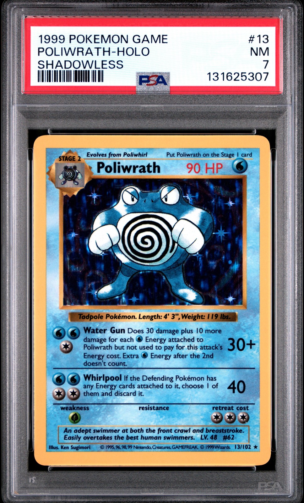 1999 POKEMON BASE SET SHADOWLESS #13 POLIWRATH-HOLO PSA 7