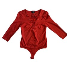 Bebe Red Lace Up V Neck Bodysuit Women's Small Stretch Long Sleeve Fitted Top
