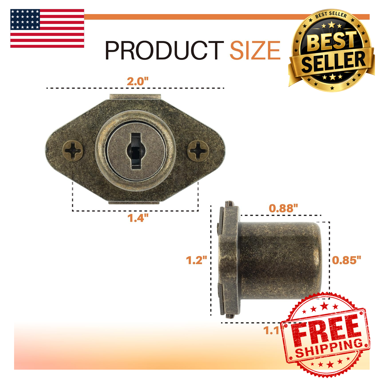 Desk Drawer Lock with Key Antique Bronze Zinc Alloy 2 Pack for Filing ...