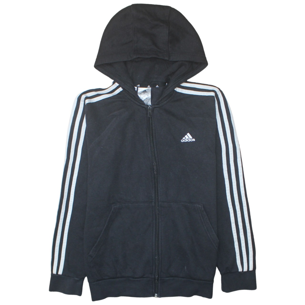 Adidas Womens Hoodie Black Fleece Full Zip Hooded Three Stripe Logo Pockets L