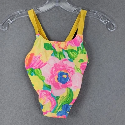 Sea Fair One Piece Swimsuit Kids 5 Yellow Floral VTG Toddler USA Bow Cross Back - Photo 1/4