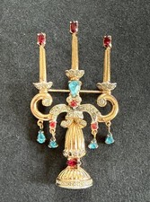 Vintage Coro Gold Tone Multicolour Stones Candelabra with Pendants Pin