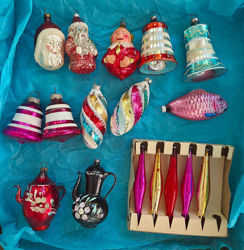 Vintage Figural Christmas Ornaments Lot Santa Teapot Fish Bell Teardrop Icicles