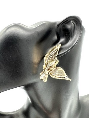 Antiqued Gold Tone Textured Flying Bird Stud Wings Earrings