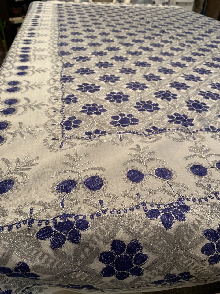 Authentic Aghabani Oriental Handmade Blue Silver Table Cloth Embroidered Linen - Image 4 of 4
