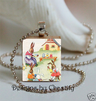 Bunny Family Necklace Art Charm Pendant Vintage Rabbit Easter Egg Painting