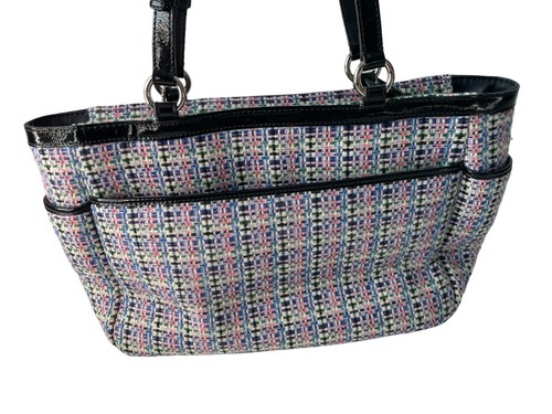 Borsa Coach Tweed multicolore in lana lavorata a maglia con finiture in pelle nera con tasche