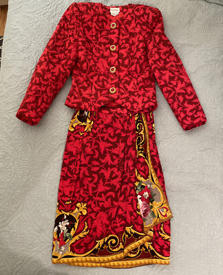 1980s Raul Blanco Silk Skirt Suit Set Vintage Size 8 Geometric Floral Blazer