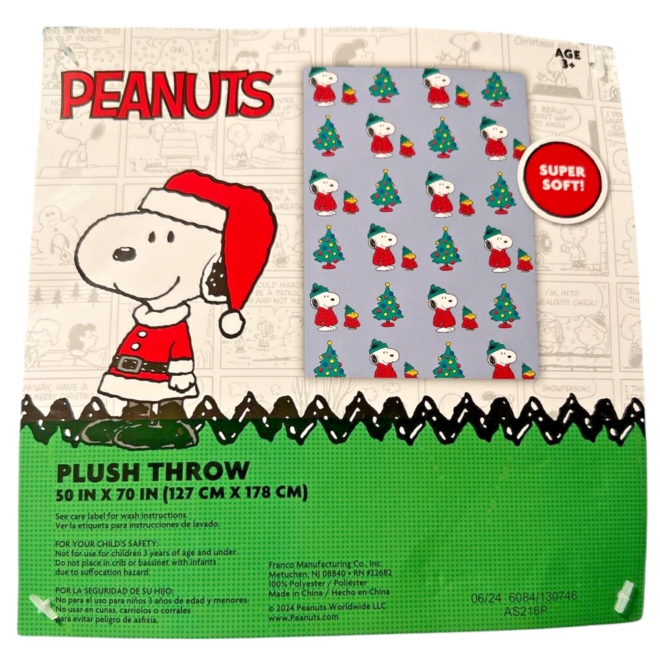 NWT Peanuts Snoopy Puffer jacket Throw Blanket Christmas Grey Red - Image 4 of 4