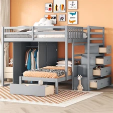  Full Over Twin Wood Bunk Bed w/Wardrobe & 5 Drawers for Kids Teens Adults-Gray