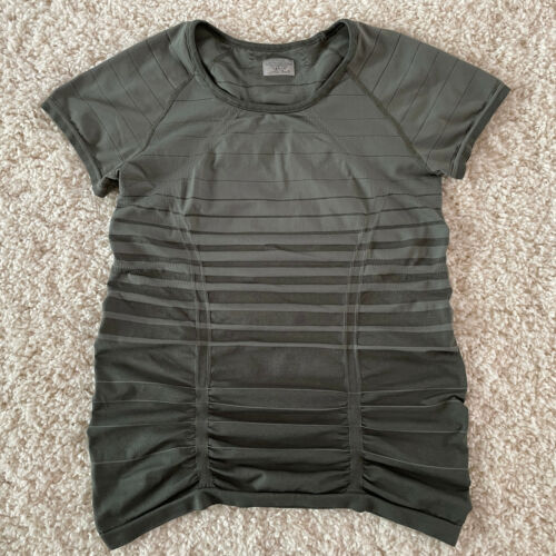ATHLETA Fastest Track Tee T-Shirt Womens XL Green Striped Short Sleeve Ruched - 第 1/10 張圖片