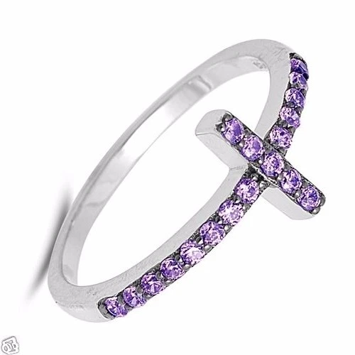 Sideways Cross Ring Genuine Sterling Silver 925 Rhodium Plated 9 mm Sizes 4 - 12 - Image 2 of 2