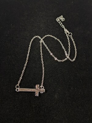 Silver Tone Sideways Cross Pendant Necklace 11585