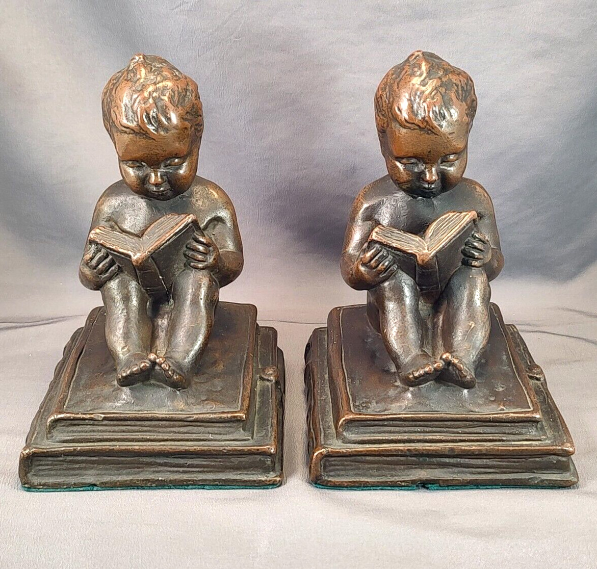 Antique Bronze Kathodian Bronze Works (KBW) Bookends - Cherub Reading Book