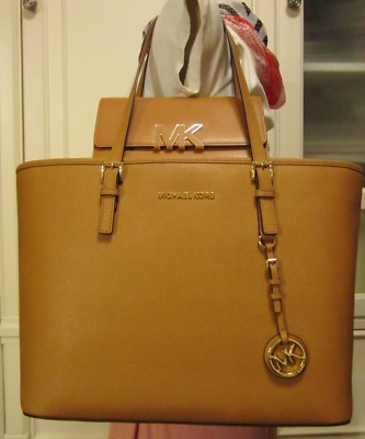 NWT Michael Kors 2PC ACORN BROWN Leather Zip Tote & MK Wallet RARE