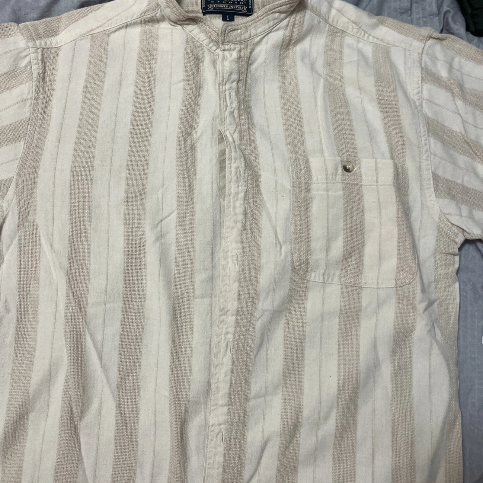 Bogari Men's Short Sleeve Linen Button Up Short Woven Striped Beige Italy L