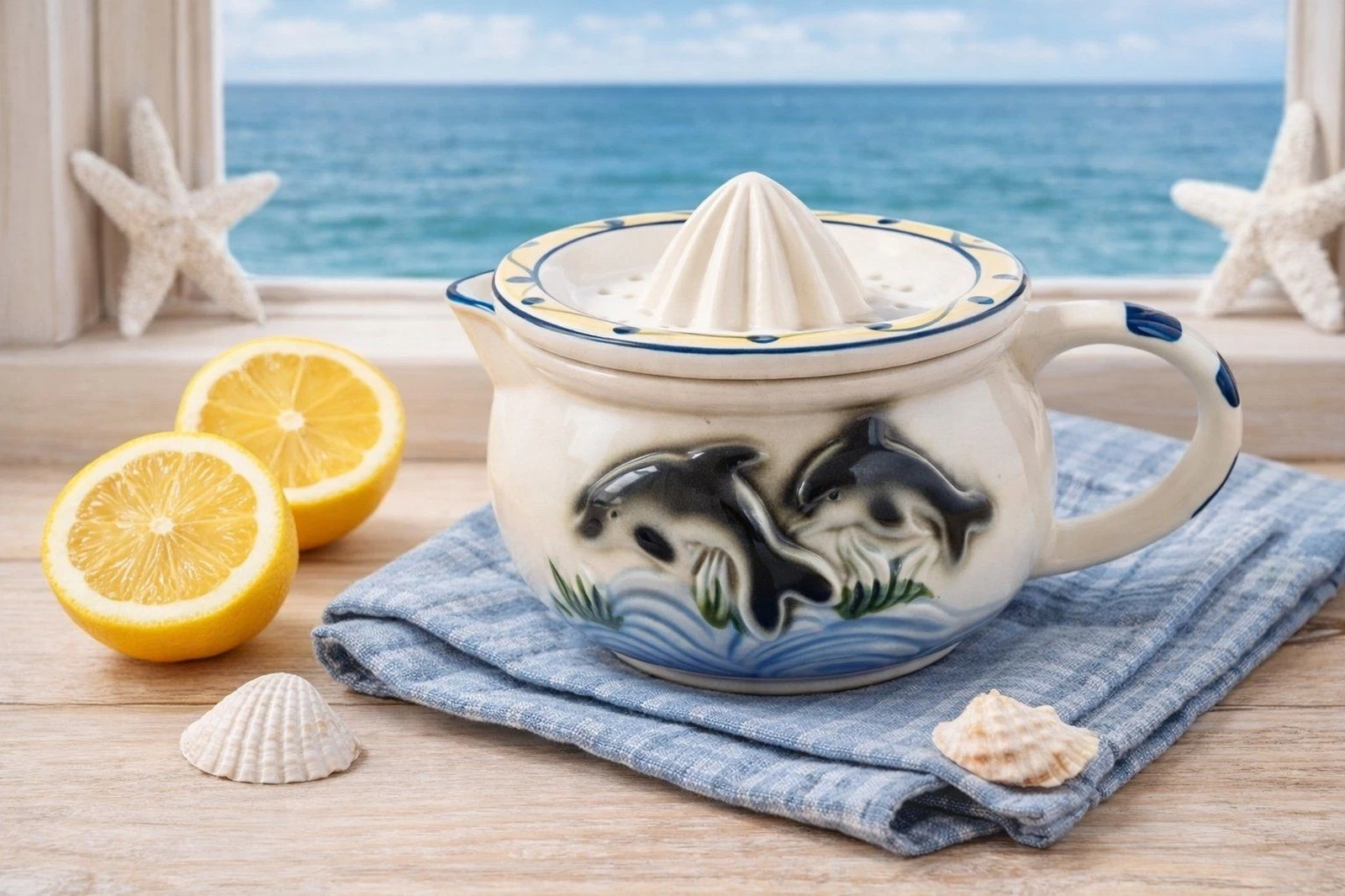 Vintage Style Ceramic Citrus Juicer Dolphin Coastal Kitchen Lemon Squeezer Pitch