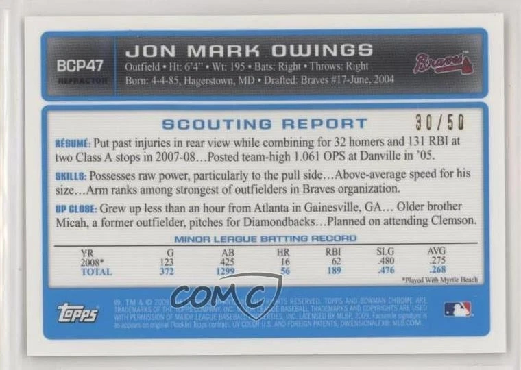 2009 Bowman Chrome Prospects Gold Refractor /50 Jon Owings Mark #BCP47 - Image 2 of 2